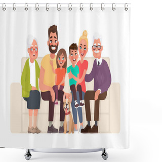 Personality  Big Happy Family Sitting On The Sofa. Grandmother, Grandfather, Father, Mother, Children And Pet. Vector Illustration In Cartoon Style Shower Curtains