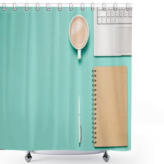 Personality  Flat Composition With Laptop, Notebook With Pen And Cup Of Coffee Or Cocoa On The Green Mint Desk. Top View. Trendy Flat Lay For Bloggers, Designers Etc Shower Curtains