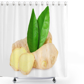 Personality  Ginger Roots With Slices And Green Leaves Isolated On White Background Shower Curtains