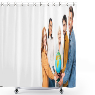 Personality  Multicultural People Smiling At Camera While Holding Globe Together Isolated On White, Banner  Shower Curtains