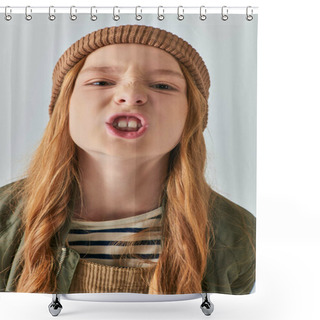 Personality  Angry Preteen Girl In Knitted Hat And Outerwear Showing Teeth And Looking At Camera On Grey Backdrop Shower Curtains
