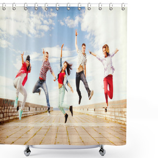 Personality  Group Of Teenagers Jumping Shower Curtains