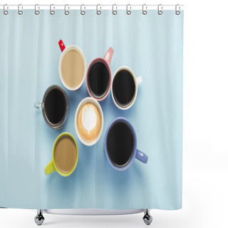 Personality  Many Multicolored Cups Of Coffee And Coffee Drinks On A Blue Background. Concept Breakfast With Coffee, Coffee With Friends. Flat Lay, Top View. Shower Curtains