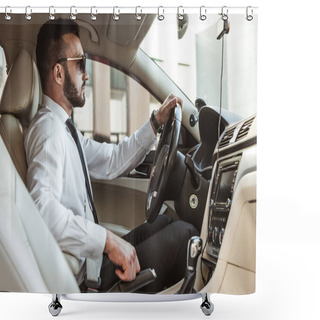 Personality  Side View Of Handsome Driver In Sunglasses Driving Auto Shower Curtains