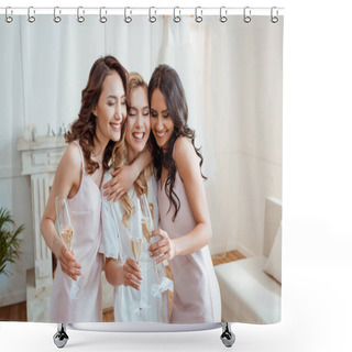 Personality  Bride With Bridesmaids Embracing And Toasting Shower Curtains