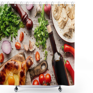 Personality  Top View Of Delicious Adjarian Khachapuri And Khinkali Near Bottle Of Wine, Vegetables And Spices On Wooden Table Shower Curtains