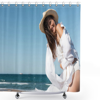 Personality  Joyful Young Woman In White Shirt Holding Sun Hat Near Sea On Beach  Shower Curtains