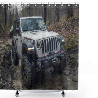 Personality  STANTON, UNITED STATES - Apr 14, 2021: A Jeep Wrangler Off-road Driving In Mud. Shower Curtains