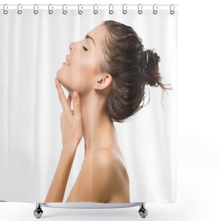 Personality  Beauty Portrait. Beautiful Spa Girl Touching Her Face Shower Curtains