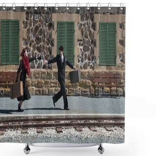 Personality  Young Couple With Vintage Suitcase Running Fast Outside A Train Station To Catch The Last Train For Journey. Shower Curtains