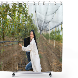 Personality  Woman Agronomist In The Orchard Shower Curtains