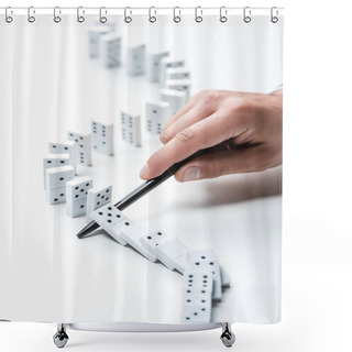 Personality  Partial View Of Man Preventing Dominoes From Falling With Pen On White Background Shower Curtains