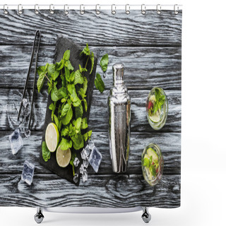 Personality  Top View Of Fresh Mint, Tongs, Shaker And Strawberry Kiwi Mojito In Glasses On Wooden Table  Shower Curtains
