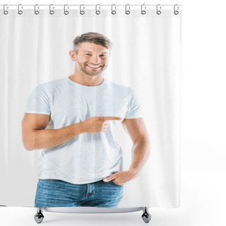 Personality  Happy Man Standing With Hand In Pocket And Pointing With Finger Isolated On White  Shower Curtains