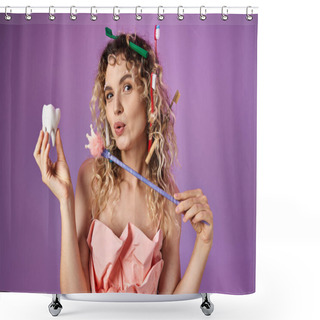 Personality  Jolly Playful Tooth Fairy Casting Spell On Baby Tooth With Her Magic Wand And Looking At Camera Shower Curtains