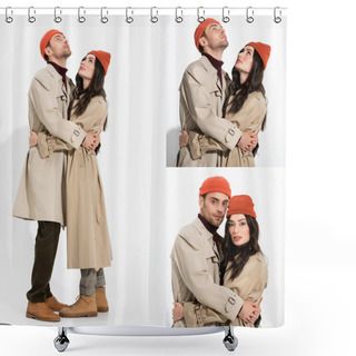 Personality  Collage Of Stylish Couple In Beanie Hats And Trench Coats Hugging And Looking Up On White  Shower Curtains