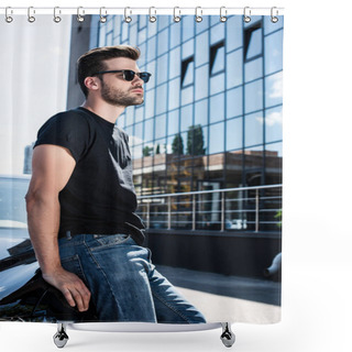 Personality  Side View Of Stylish Young Man In Sunglasses Standing Near His Car At Street Shower Curtains