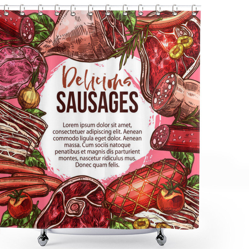 Personality  Vector Sketch Poster Of Sausage Delicatessen Shower Curtains