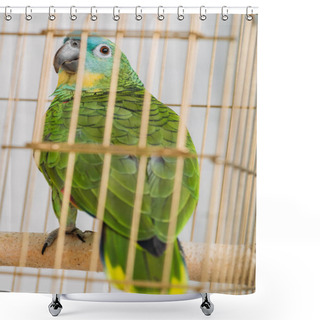 Personality  Selective Focus Of Bright Green Amazon Parrot Sitting In Bird Cage Shower Curtains