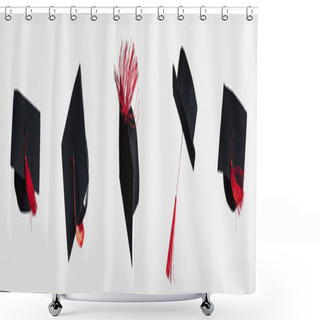 Personality  Panoramic Shot Of Academic Caps With Red Tassels Isolated On White Shower Curtains