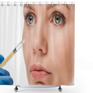 Personality  Cropped View Of Plastic Surgeon In Latex Glove Holding Syringe Near Attractive Patient Isolated On White  Shower Curtains