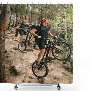 Personality  Young Trial Bikers Riding Downhill On Back Wheels At Beautiful Forest Shower Curtains