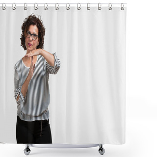 Personality  Middle Aged Woman Tired And Bored, Making A Timeout Gesture, Needs To Stop Because Of Work Stress, Time Concept Shower Curtains