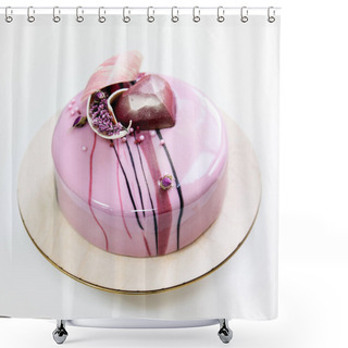 Personality  Minimalistic Pink Mousse Cake With Coated With Mirror Glaze On A White Background. Chocolate Heart, Chocolate Swirl And Dry Heather Decor. Shower Curtains