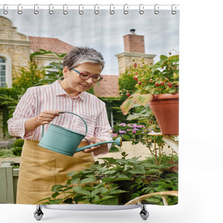 Personality  Good Looking Joyful Mature Woman Watering Her Lively Vibrant Flowers In Her Garden In England Shower Curtains