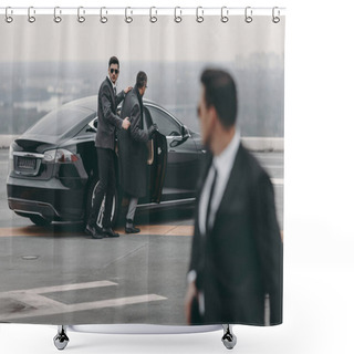 Personality  Bodyguard Helping Businessman To Sit In Black Car Shower Curtains