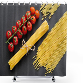 Personality  Top View Of Uncooked Pasta And Cherry Tomatoes On Black Background  Shower Curtains