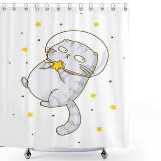Personality  Cute Scottishfold Cat Astronaut Isolated On White Background Shower Curtains