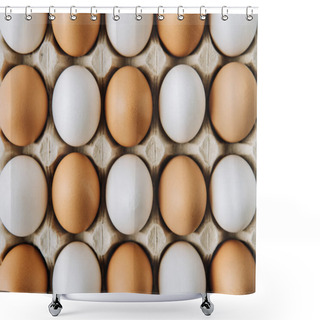 Personality  White And Brown Eggs Laying In Egg Carton, Full Frame Shot  Shower Curtains