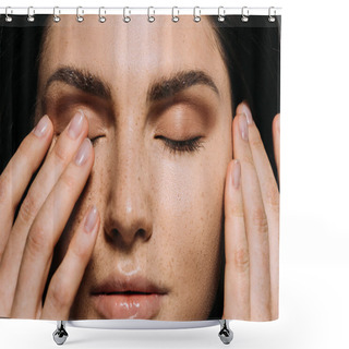 Personality  Close Up View Of Tender Girl With Freckles On Face Touching Closed Eyes  Shower Curtains