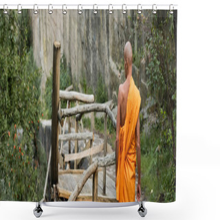 Personality  Back View Of Man In Buddhist Robe Walking On Wooden Walkway In Forest, Banner Shower Curtains