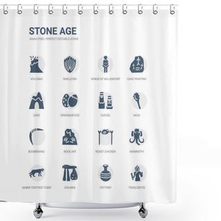 Personality  Simple Set Of Icons Such As Troglodyte, Pottery, Dolmen, Saber Toothed Tiger, Mammoth, Roast Chicken, Rock Art, Boomerang, Moai, Cudgel. Related Stone Age Icons Collection. Editable 64x64 Pixel Shower Curtains