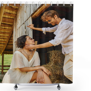 Personality  Cheerful Redhead Man Touching Face Of Beautiful Asian Bride In White Dress Near Wooden Barn Shower Curtains