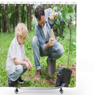 Personality  Father And Son During Digging Ground With Shovel For Planting Seedling In Park Shower Curtains