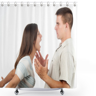 Personality  Young Couple Fighting Isolated On White Shower Curtains