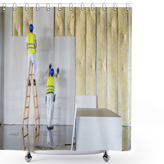 Personality  Riggers Are Working On Thermal Partition Dry Wall With Mineral W Shower Curtains
