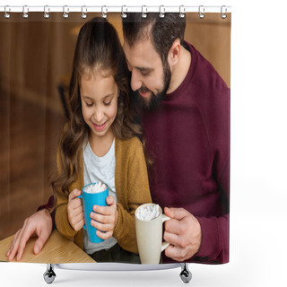 Personality  Adorable Daughter Sitting On Father Knees And Holding Cup Of Cacao With Marshmallow And Looking Down Shower Curtains