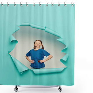 Personality  Happy Redhead Preteen Girl In T-shirt Looking At Camera While Posing With Hands On Hips Around Blue Torn Paper Hole On White Background, International Child Protection Day Concept  Shower Curtains