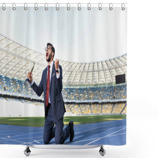 Personality  Young Businessman In Suit Standing On Knees On Running Track With Trophy And Scream At Stadium Shower Curtains