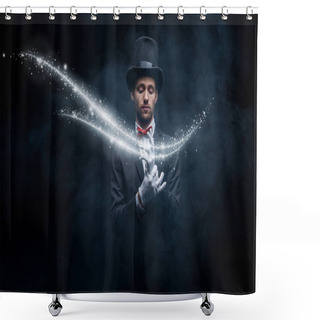Personality  Magician In Suit And Hat Wearing Gloves In Dark Smoky Room With Glowing Illustration Shower Curtains