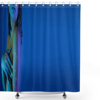 Personality  Partial View Of Youthful African American Woman With Dreadlocks Posing In Colorful Neon Body Paint On Blue Background With Cyan Lighting Effect, Banner Shower Curtains
