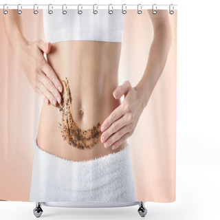 Personality  Young Woman Applying Scrub On Body Against Color Background. Skin Care Concept. Shower Curtains