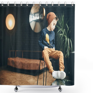 Personality  Fashionable Boy Sitting On Chair Near Window In Loft Apartment, Plant On Backgroung. Shower Curtains