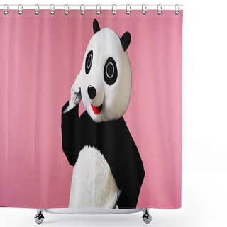 Personality  Pensive Person In Panda Bear Costume Standing With Hand On Hip Isolated On Pink  Shower Curtains