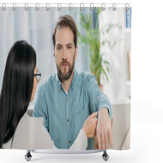 Personality  Young Woman In Eyeglasses Holding Hand Of Bearded Man During Hypnotherapy Shower Curtains