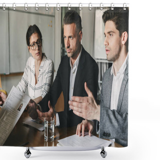 Personality  Business, Career And Placement Concept - Board Of Directors Sitting At Table In Office And Examining Resume Of Female Worker During Corporate Meeting Shower Curtains